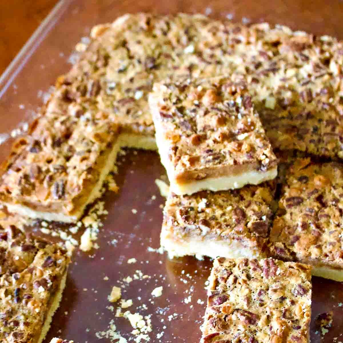 Toffee Pecan Pie Bars on the baking tray.