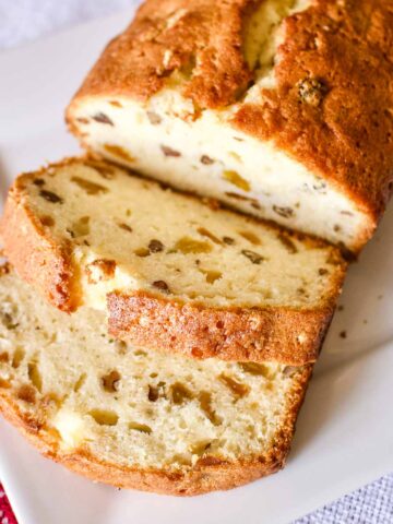 Bishop's Bread sliced on a white plate.