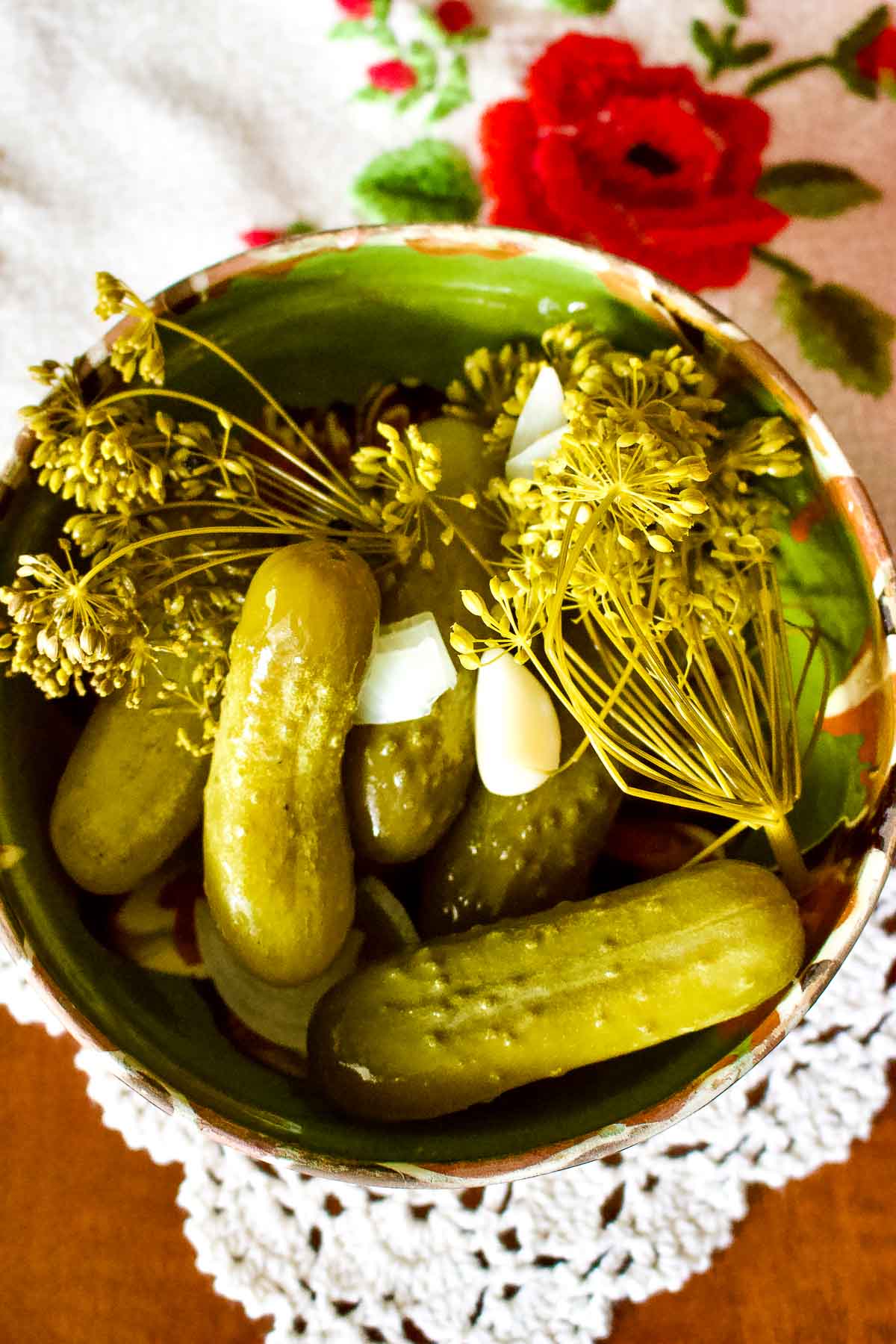 Summer Lacto Fermented Kosher Pickled Cucumbers1818 Lacto Fermented Pickles in a rustic bowl.