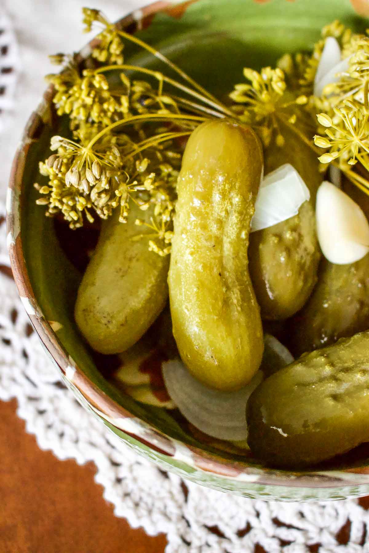 Summer Lacto Fermented Kosher Pickled Cucumbers2323 Lacto Fermented Pickles in a bowl.