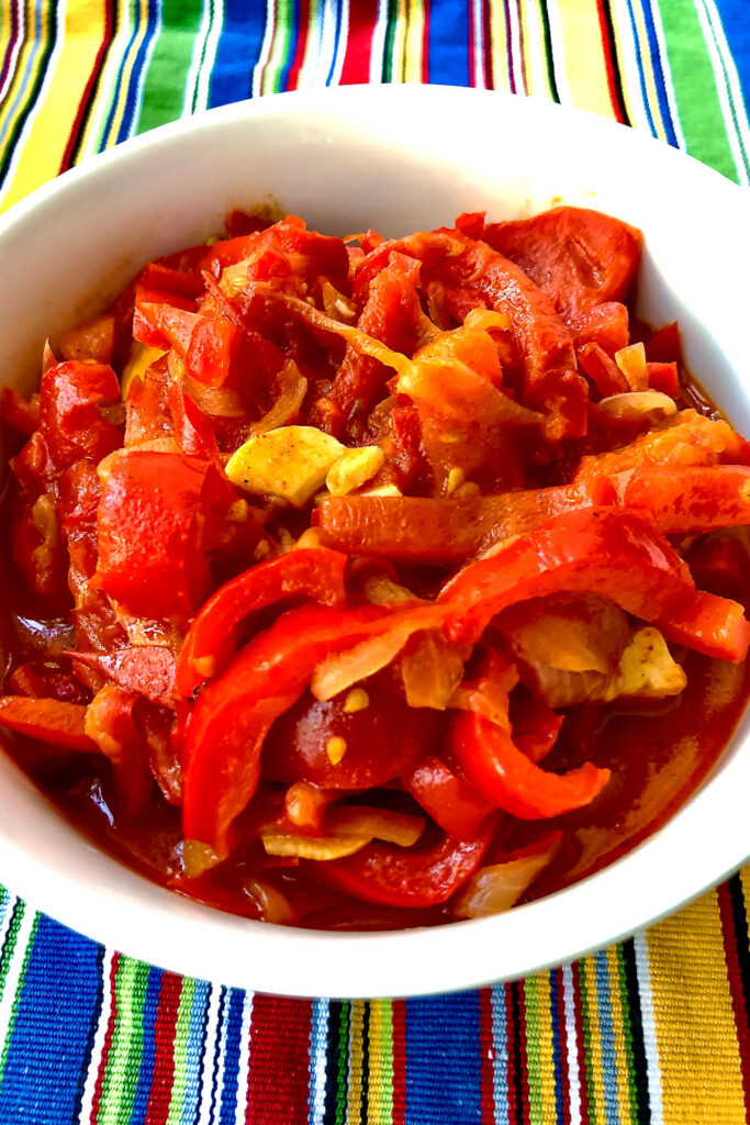 Lecso Hungarian Pepper Tomato Stew in a white bowl
