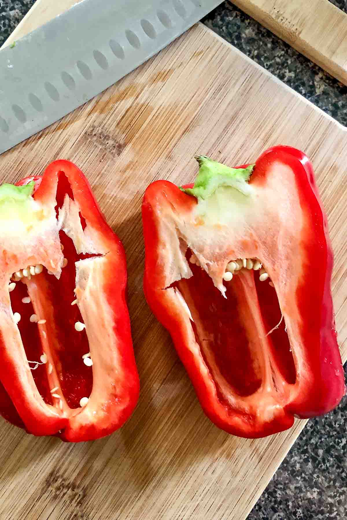Slicing red peppers.