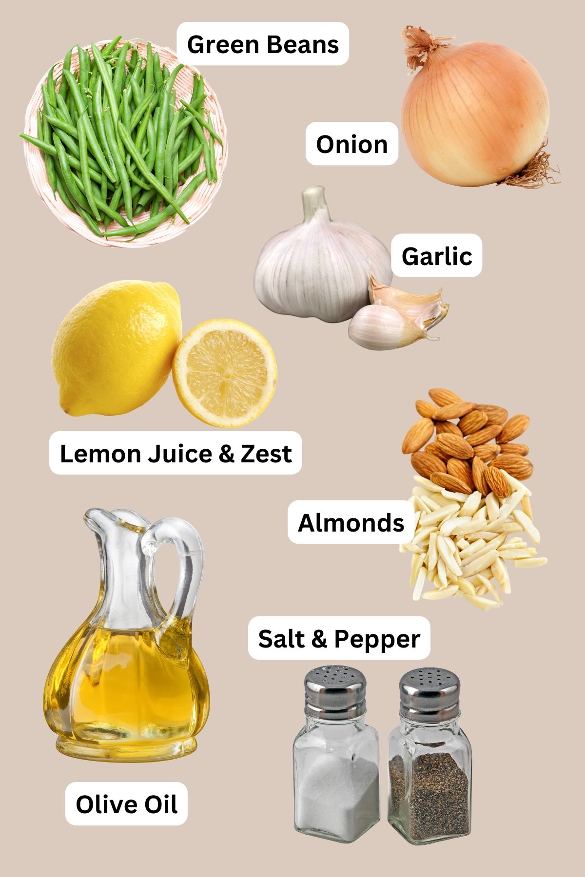 Ingredients for Green Beans With Almonds showing the different ingredients along with text.