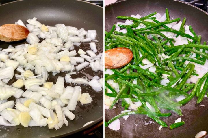 Two images collage of onions cooking in a skillet and onions and green beans cooking together.