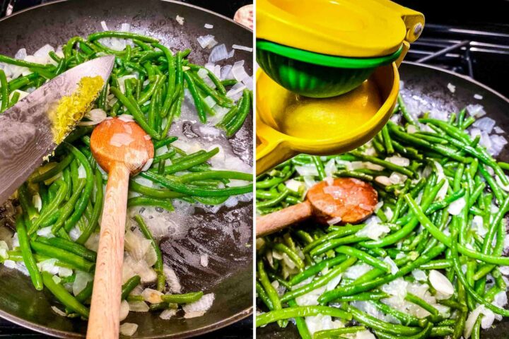An image collage showing adding the lemon zest to the green beans and then squeezing in the lemon juice.