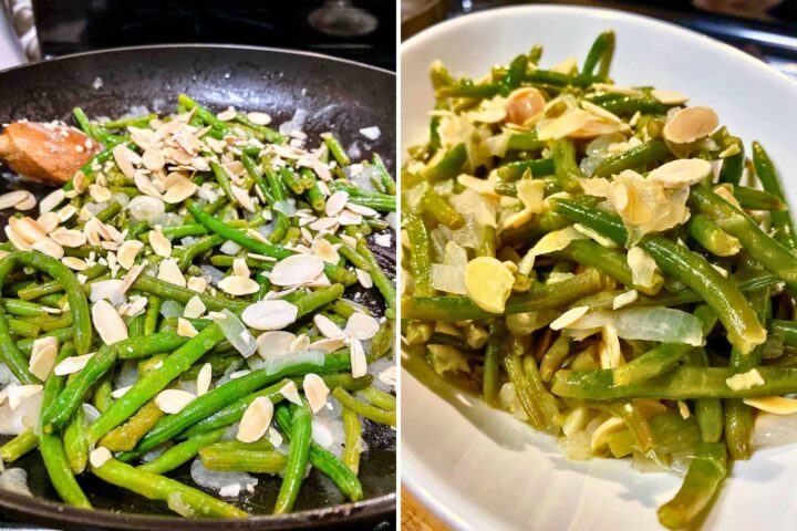 Two images collage showing a skillet with green beans and almonds on top, and a bowl of Green beans with almonds ready to serve.