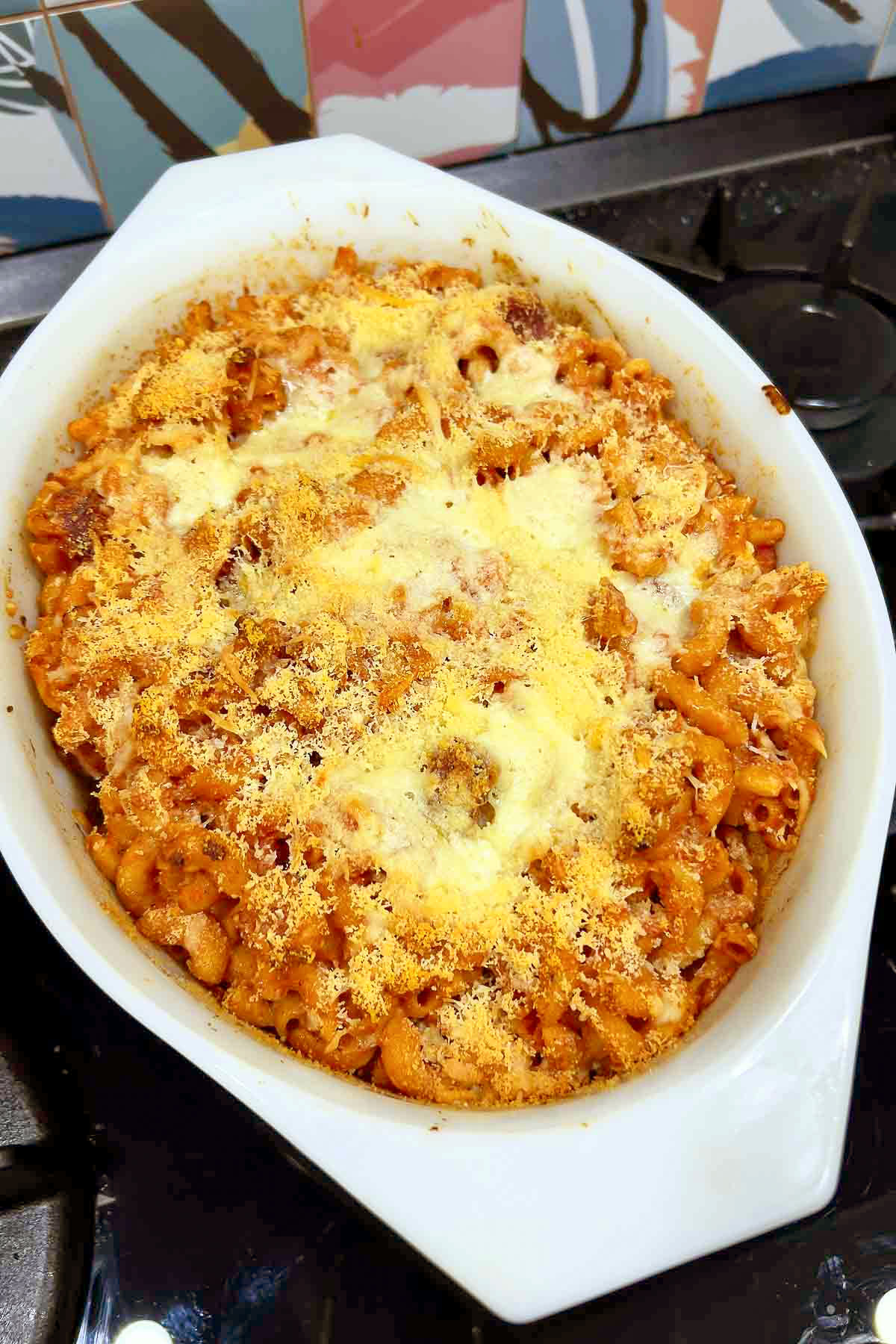Baked Spanish Chorizo with pasta out of the oven.