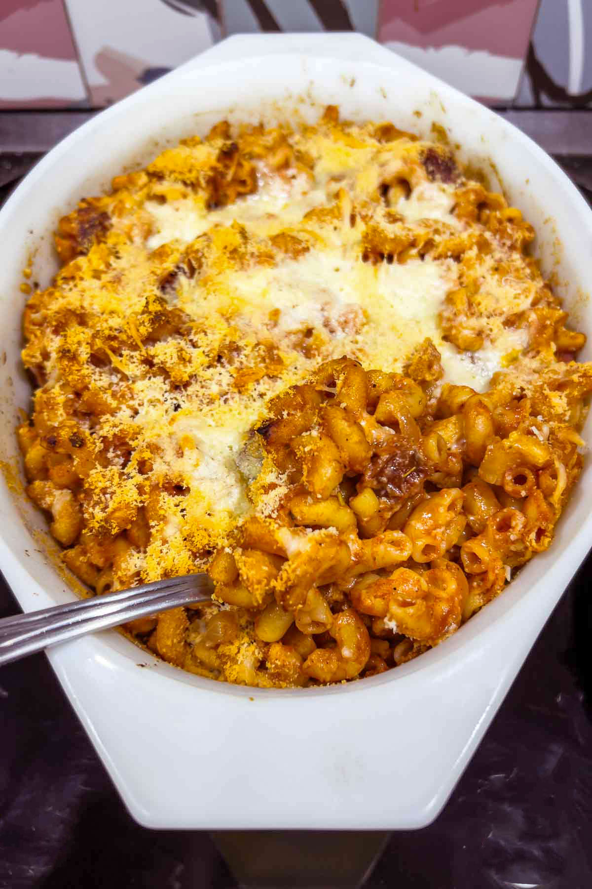 Baked Spanish chorizo and tomato pasta.