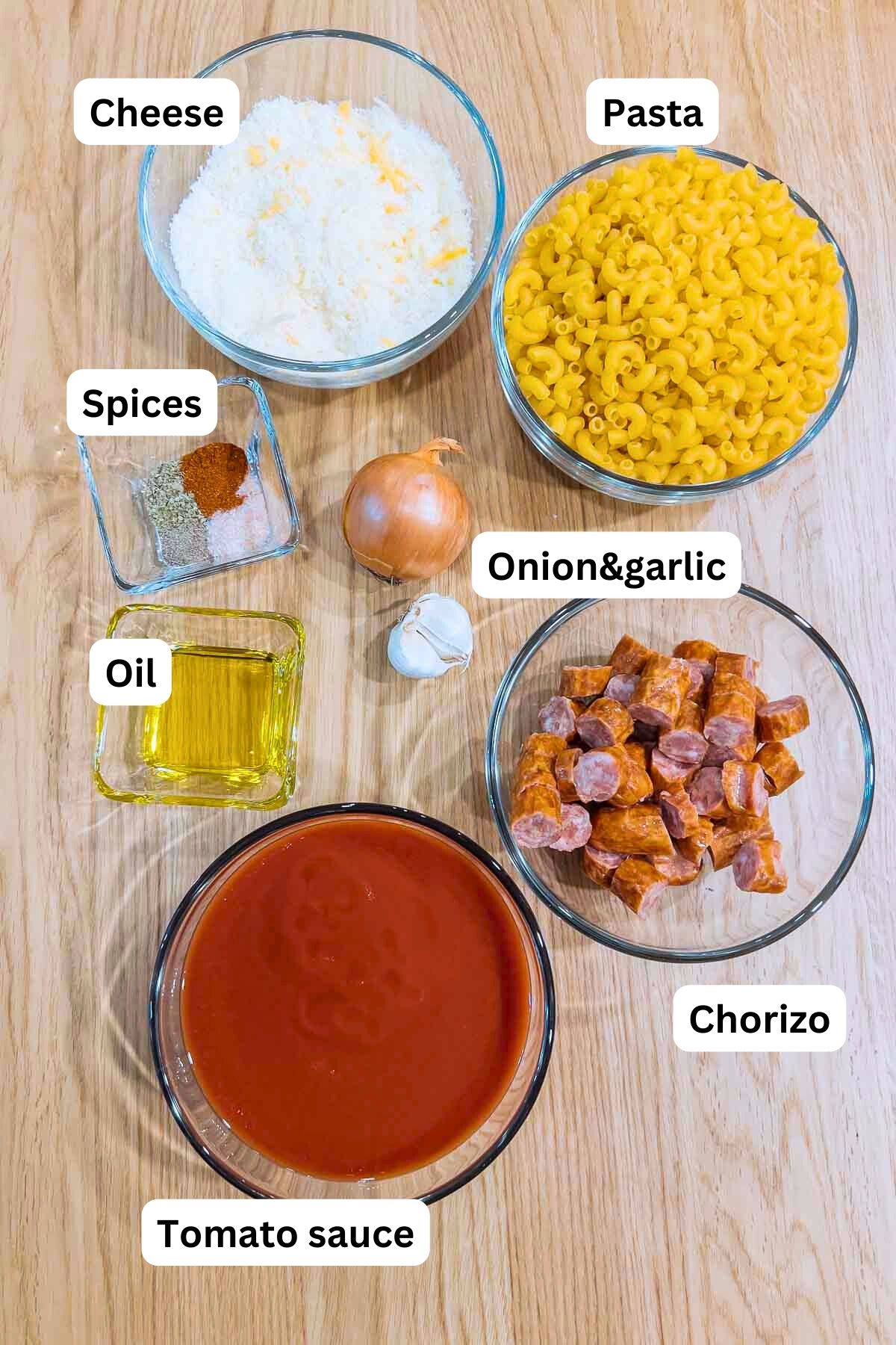 Ingredients display for spanish chorizo and tomato pasta bake.