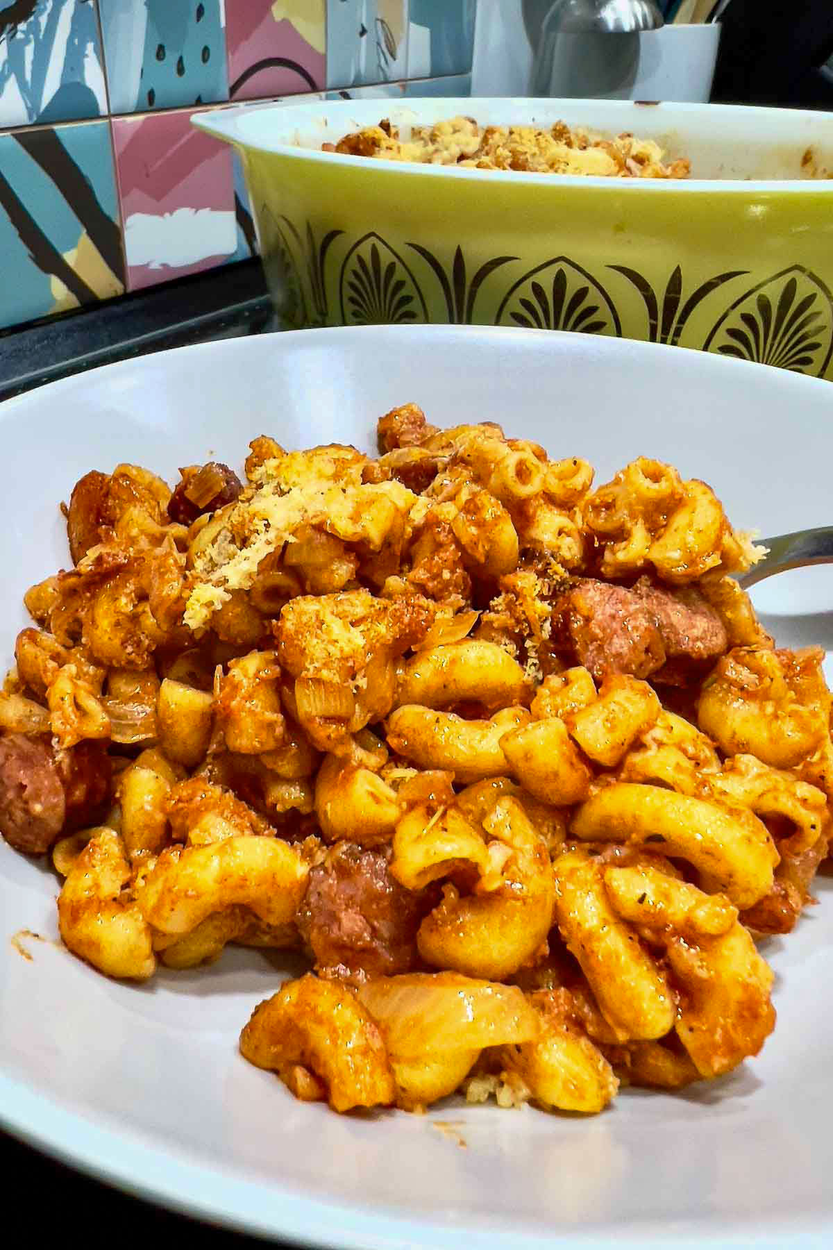 Spanish Chorizo with tomato pasta bake on plate.