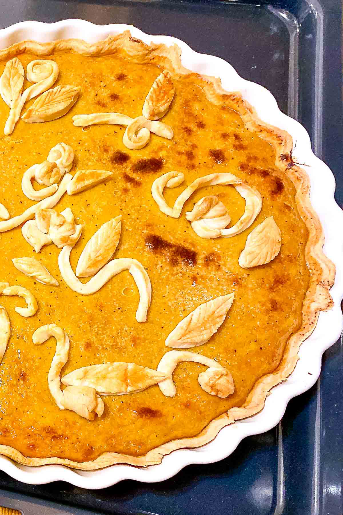 Baked Whisky Pumpkin Pie on a baking tray