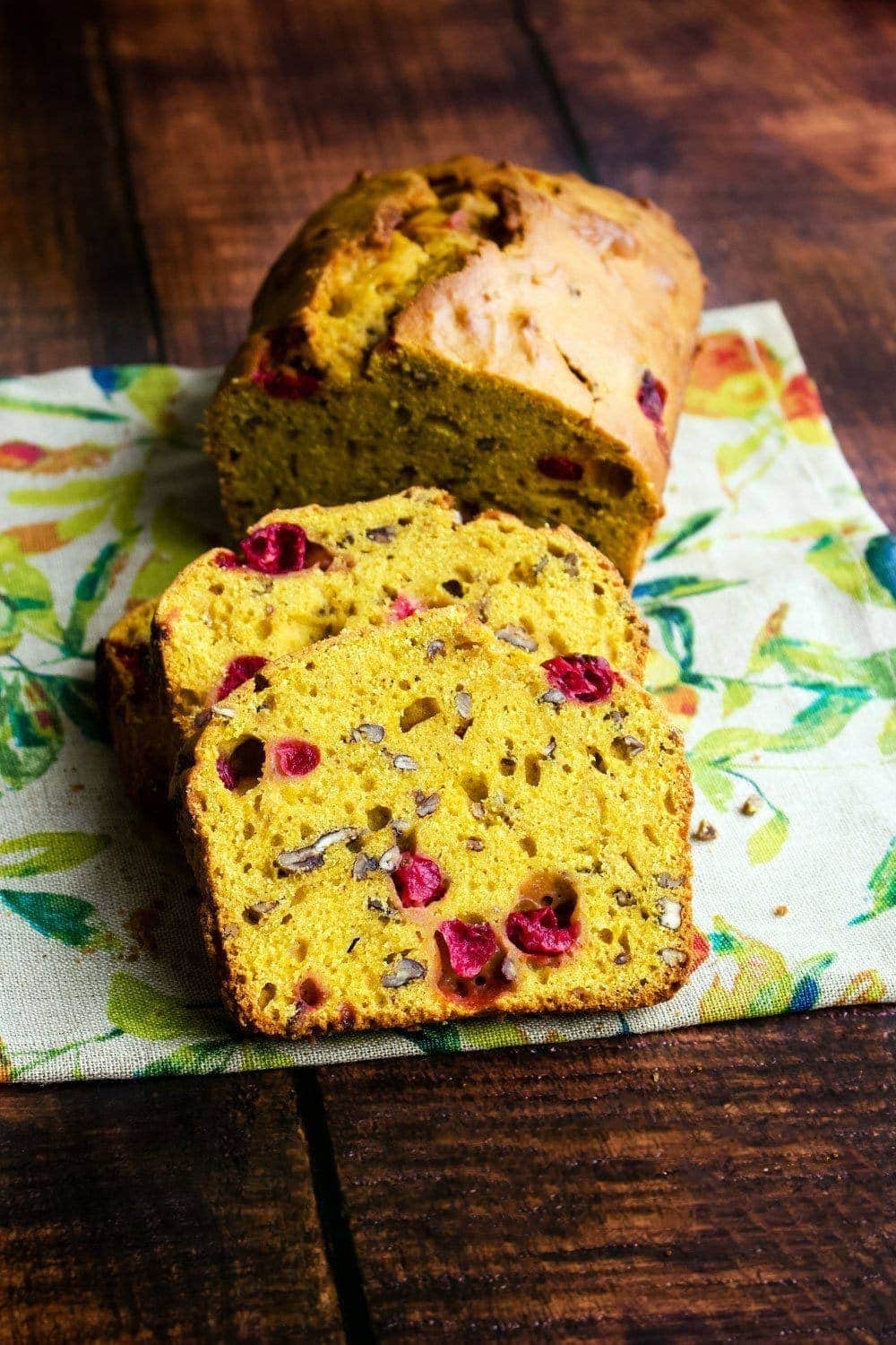 Pumpkin bread on a kitchen towel
