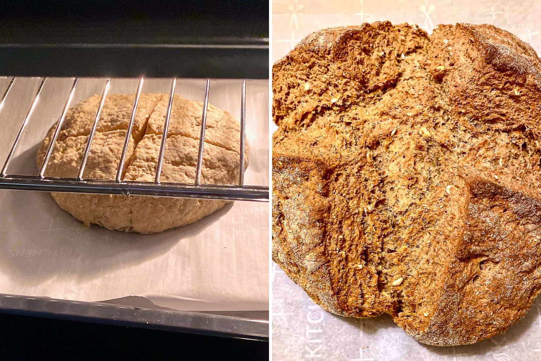 Collage of baking Irish brown soda bread.