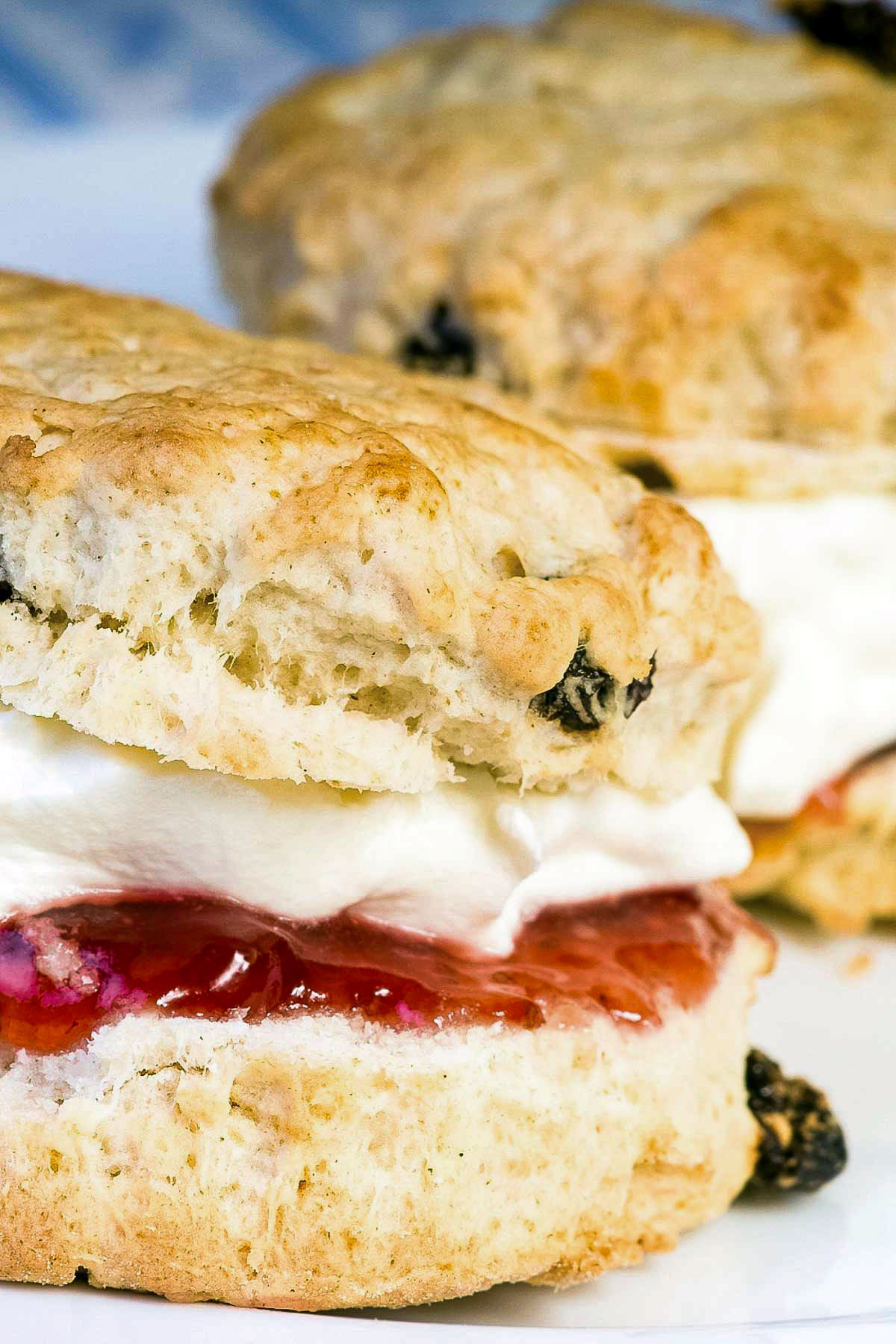 English scones served as sandwich with jam and cream.
