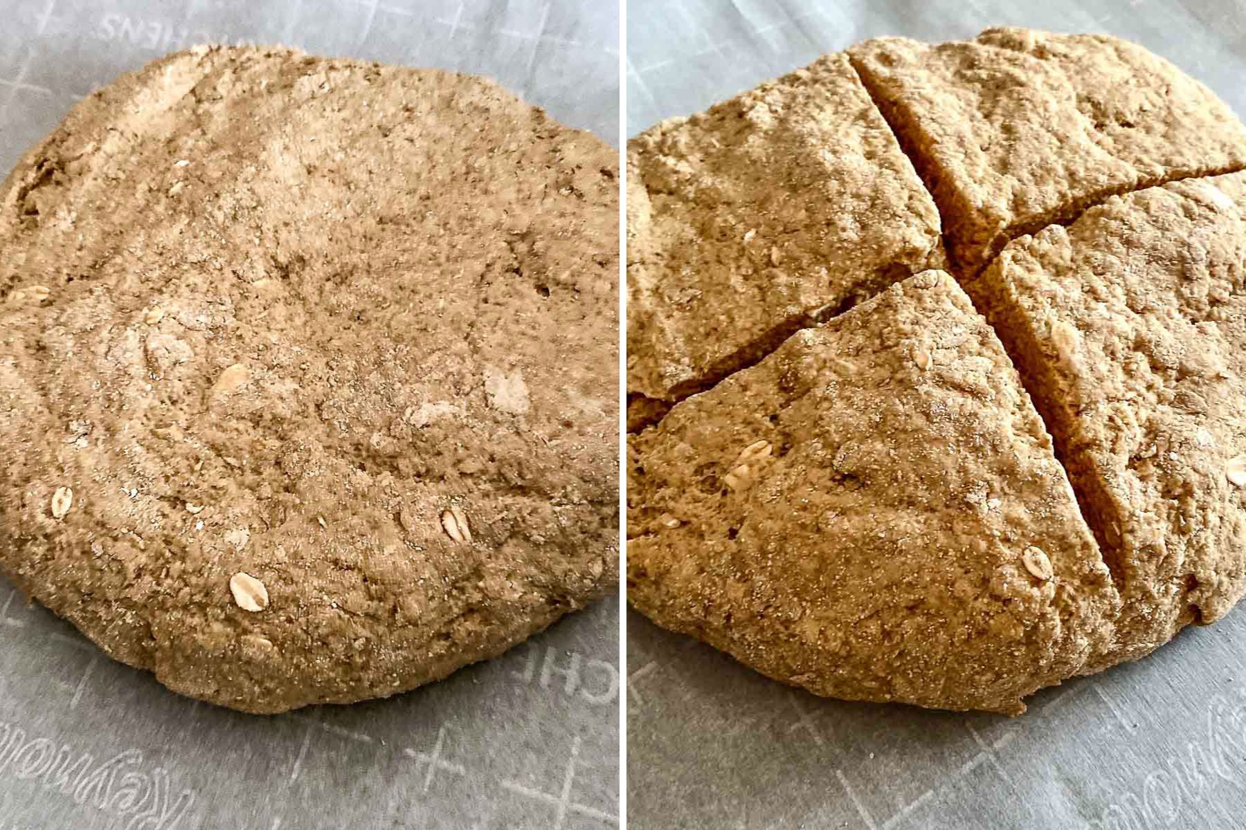 Collage of two images showing shaping and cutting the soda bread dough.