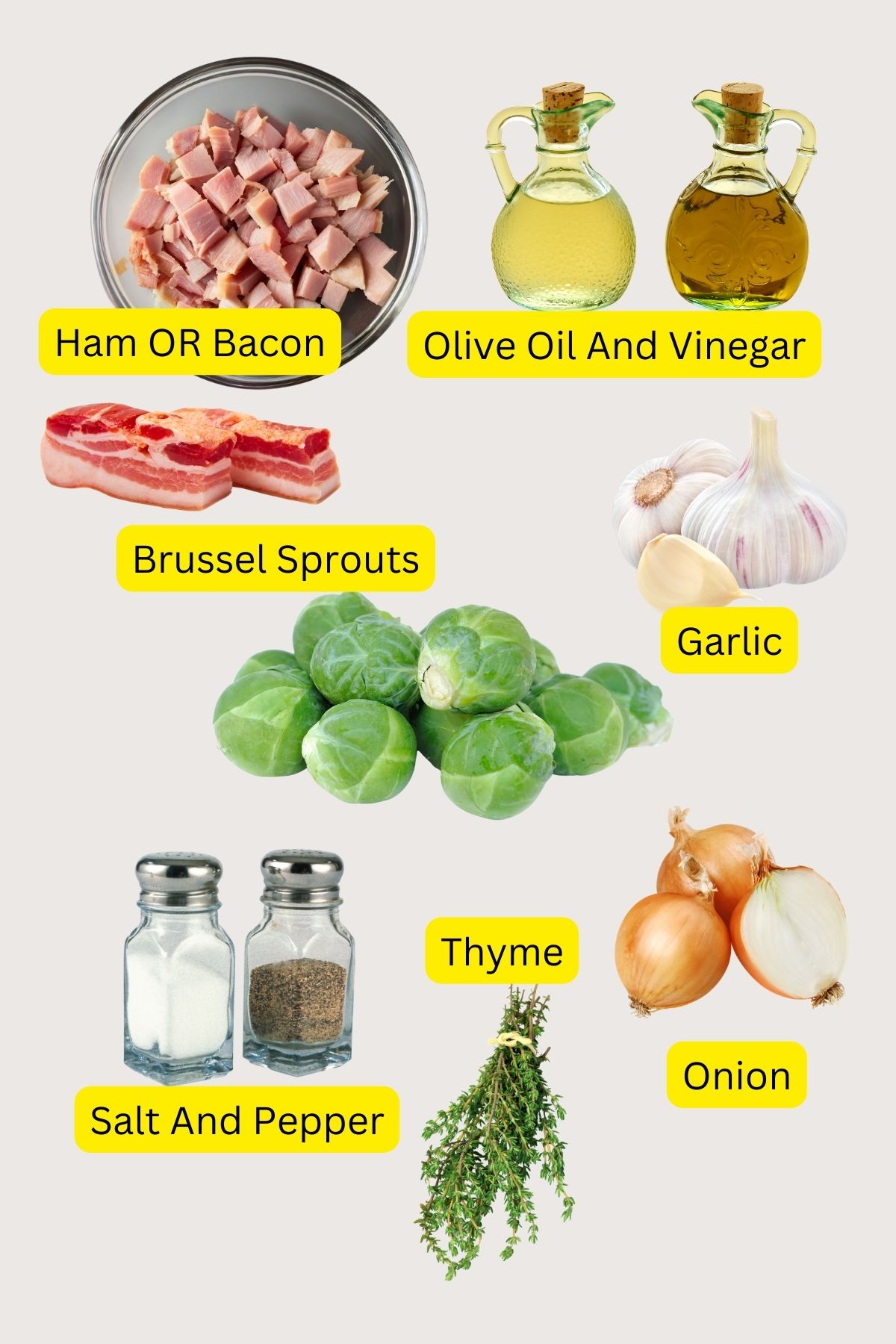 Ingredient Display for Brussels Sprouts with Ham and Thyme.