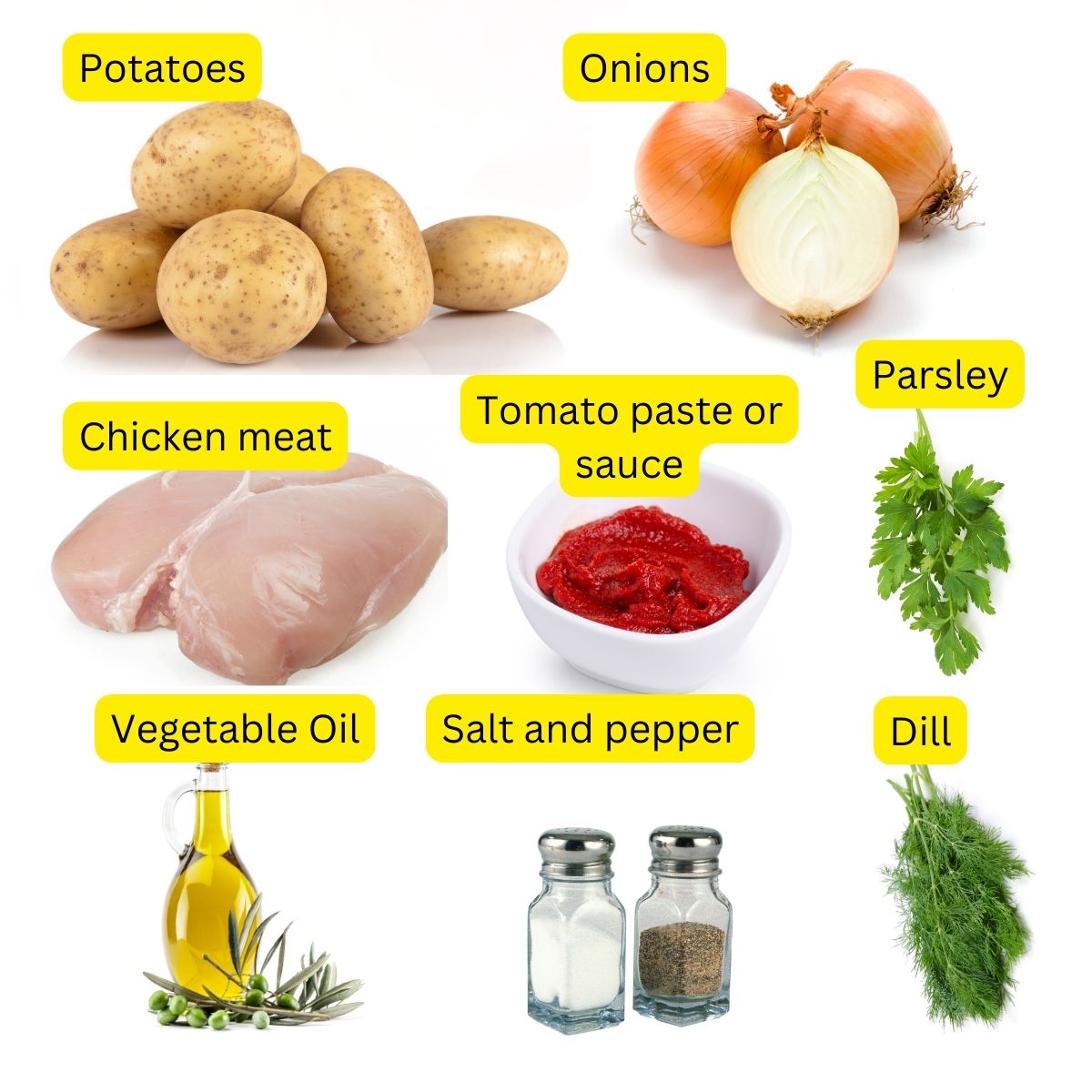 Ingredients for the potato and meat stew collage