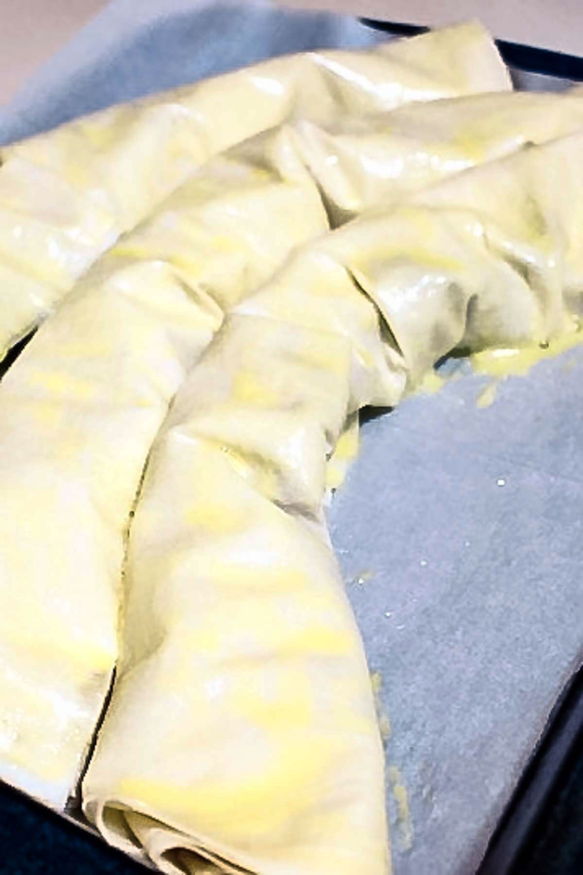 Rolled phyllo dough filled with meat and potatoes.