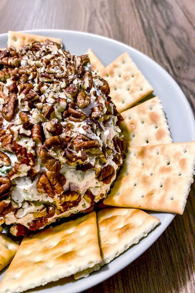cream cheese appetizer with pineapple, pecans and ham