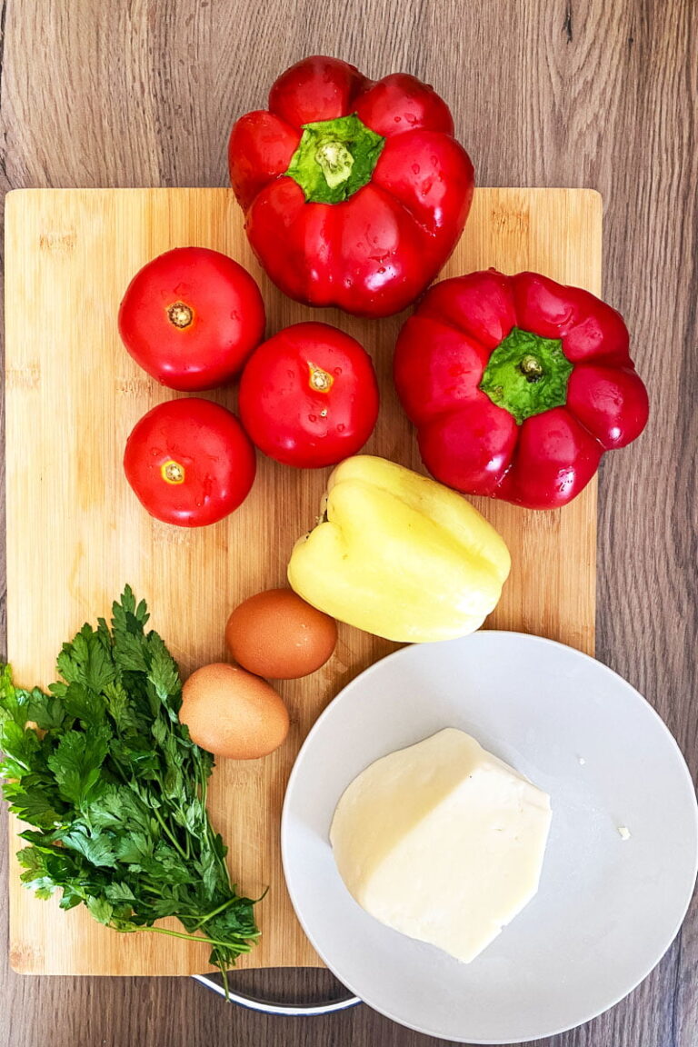 Fried peppers with tomatoes eggs and cheese
