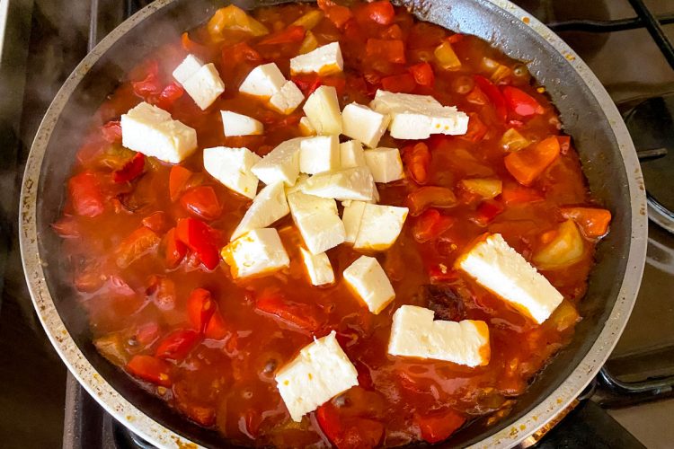 Fried peppers with tomatoes eggs and cheese