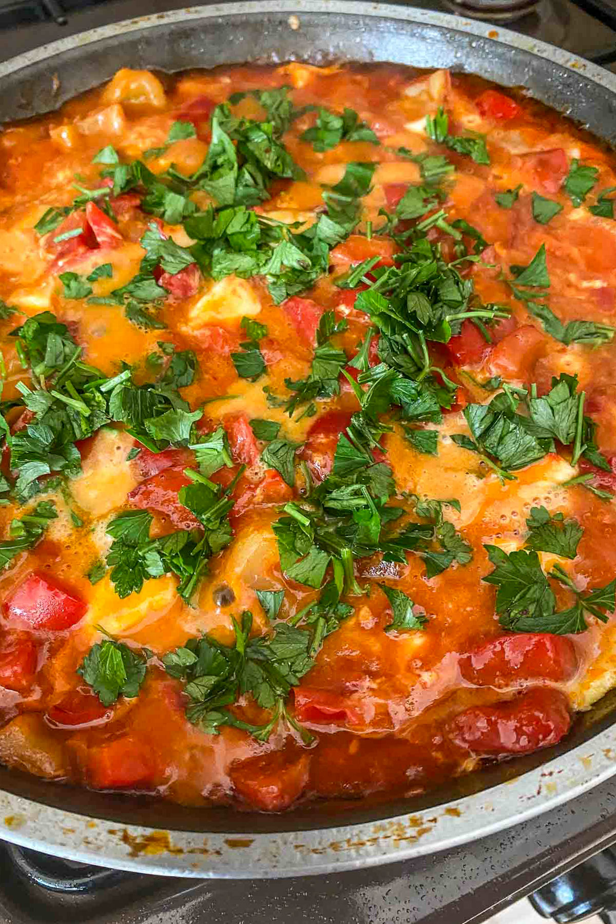 Parsley on top of the peppers and tomatoes dish.
