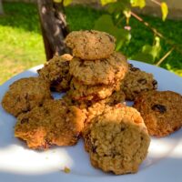 classic oatmeal raisin cookies stacked on a plate