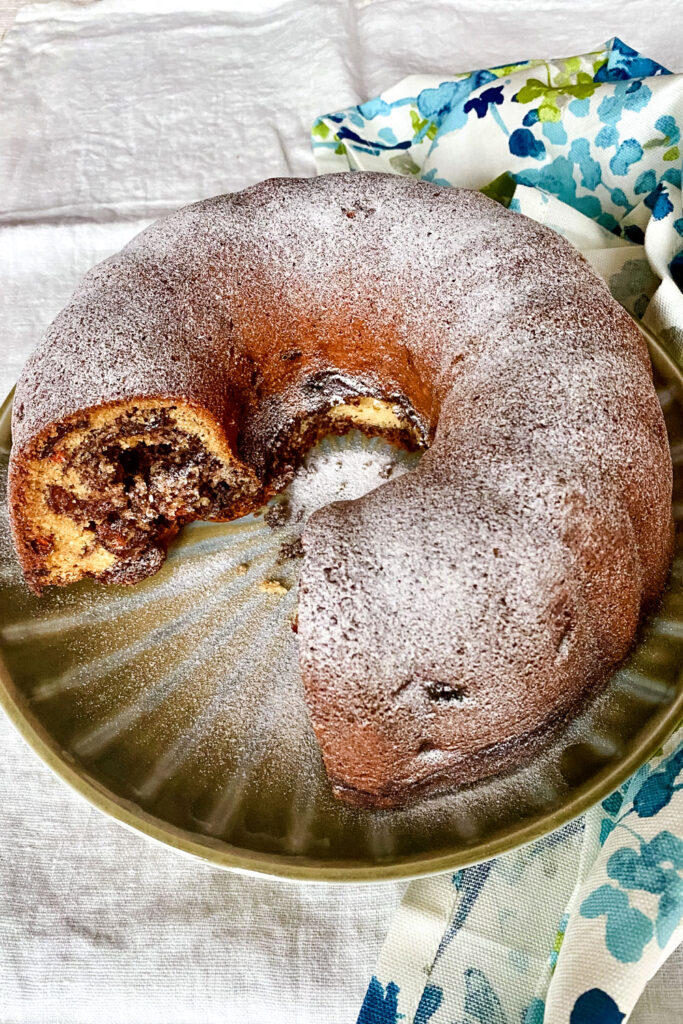 Cinnamon Swirl Coffee Cake on a platter0
