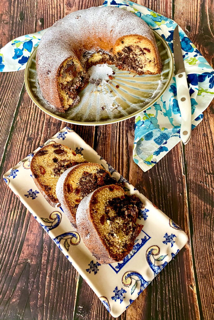 Cinnamon Swirl Coffee Cake slices of cake on long plate