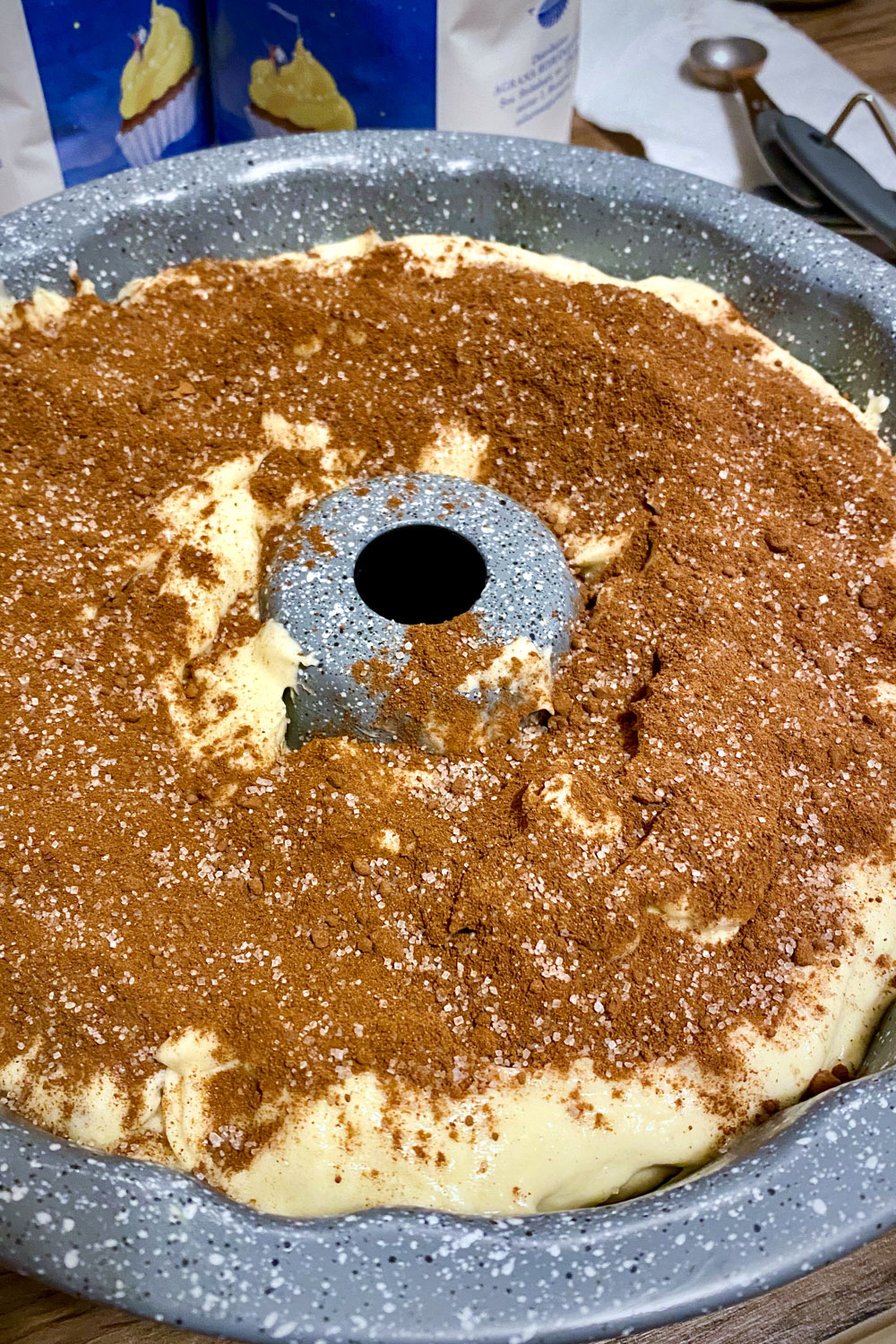 Cinnamon Swirl Coffee Cake unbaked with topping 