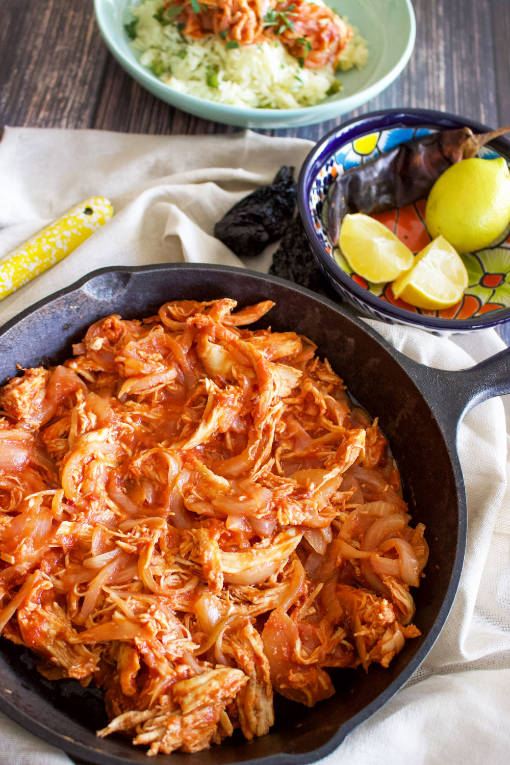 Chicken tinga in a cast iron pan0