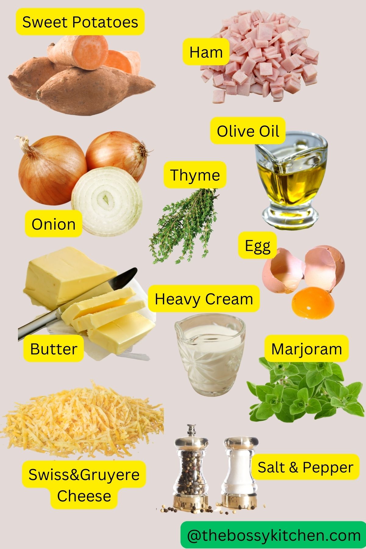Display of Ingredients for Savory Sweet Potato Casserole.