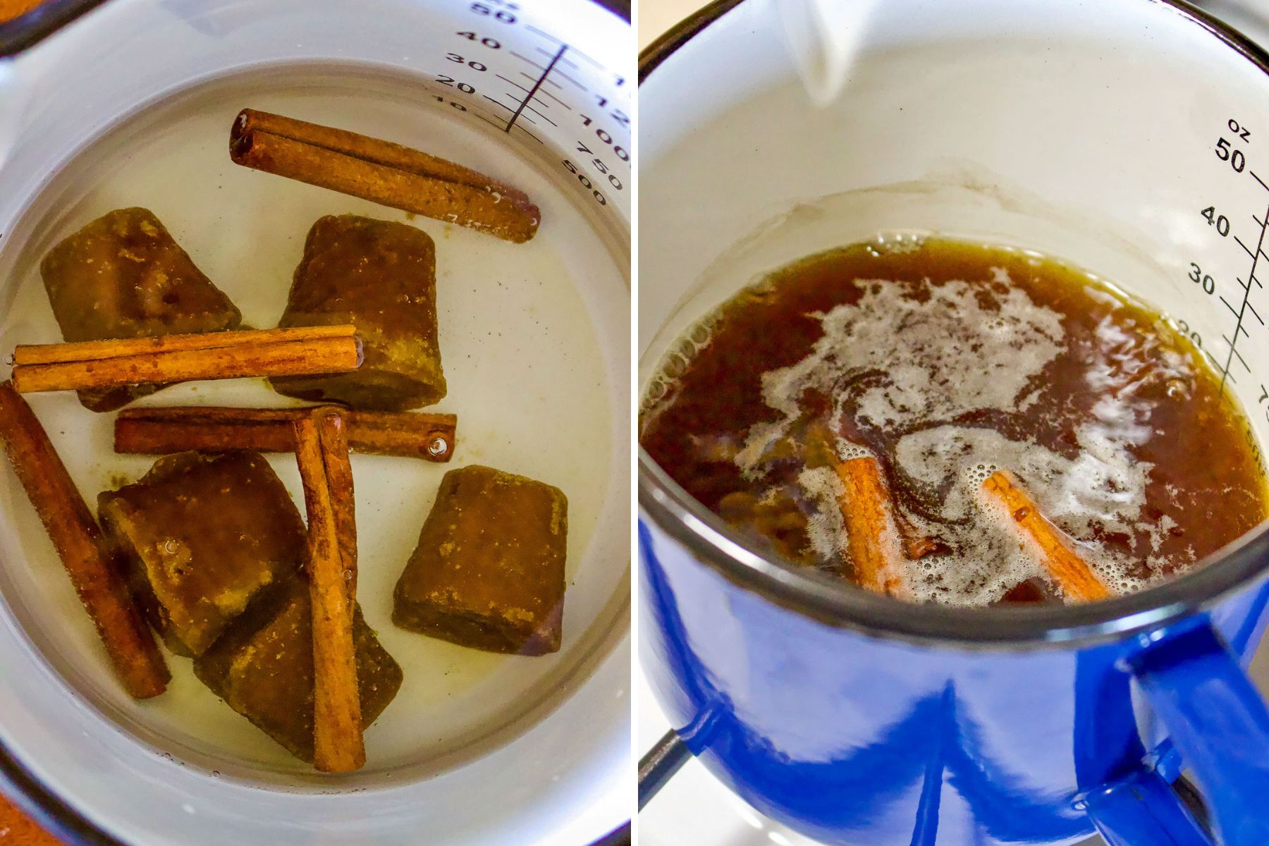 collage of making the syrup for Capirotada.