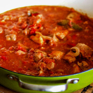 Authentic Hungarian Goulash in a green dutch oven.