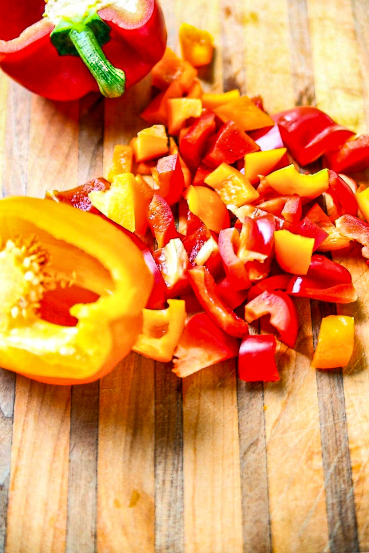 Chopped bell peppers for Goulash.