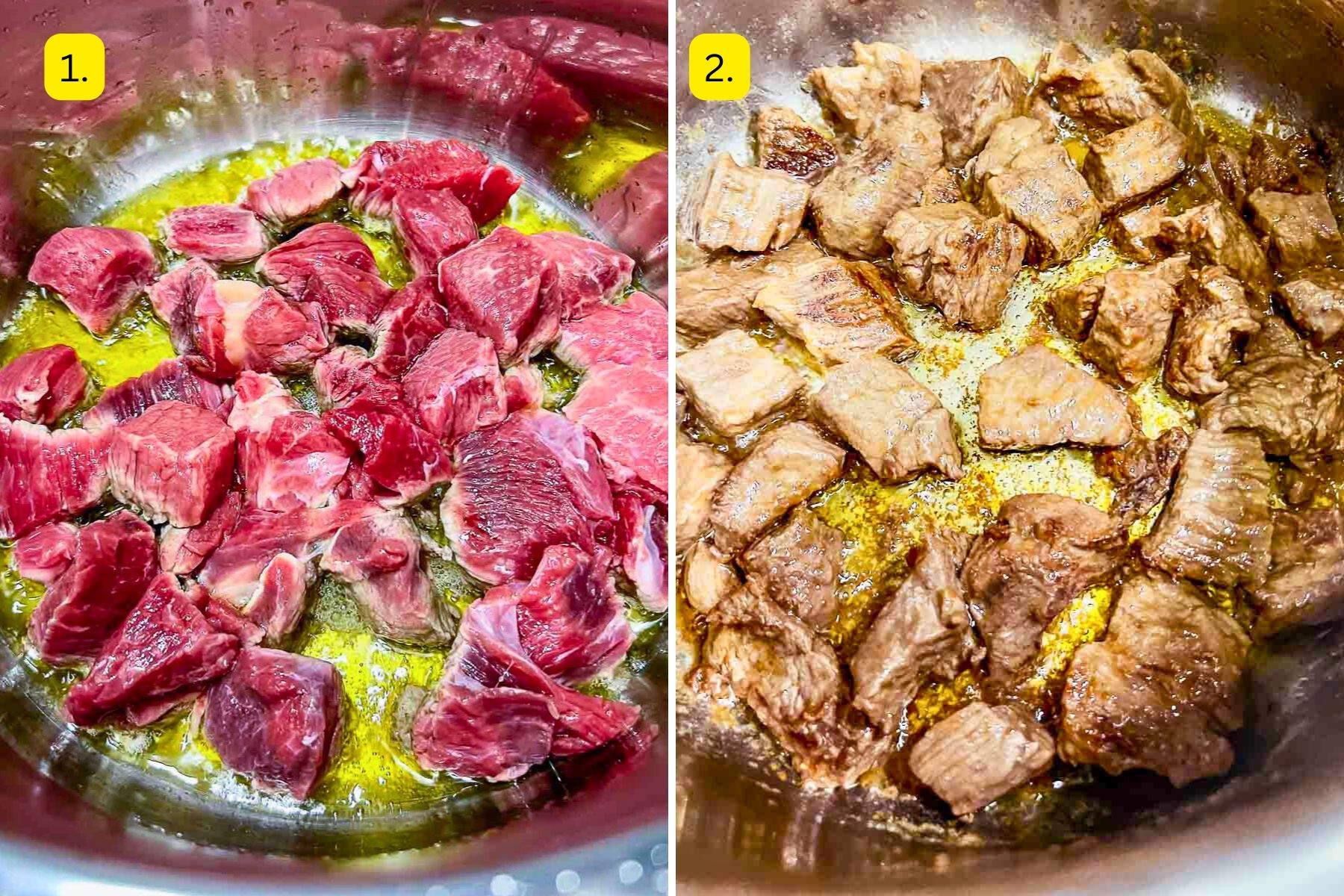 Collage of steps browning beef in a pan.