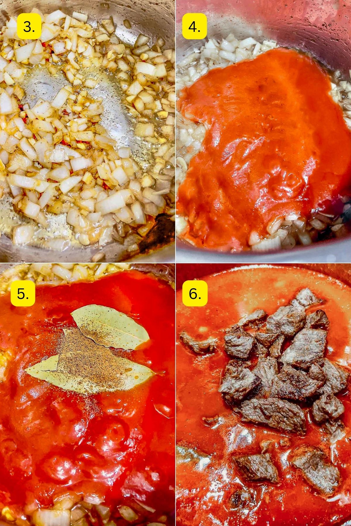 Steps to assemble the Carne con tomate dish.