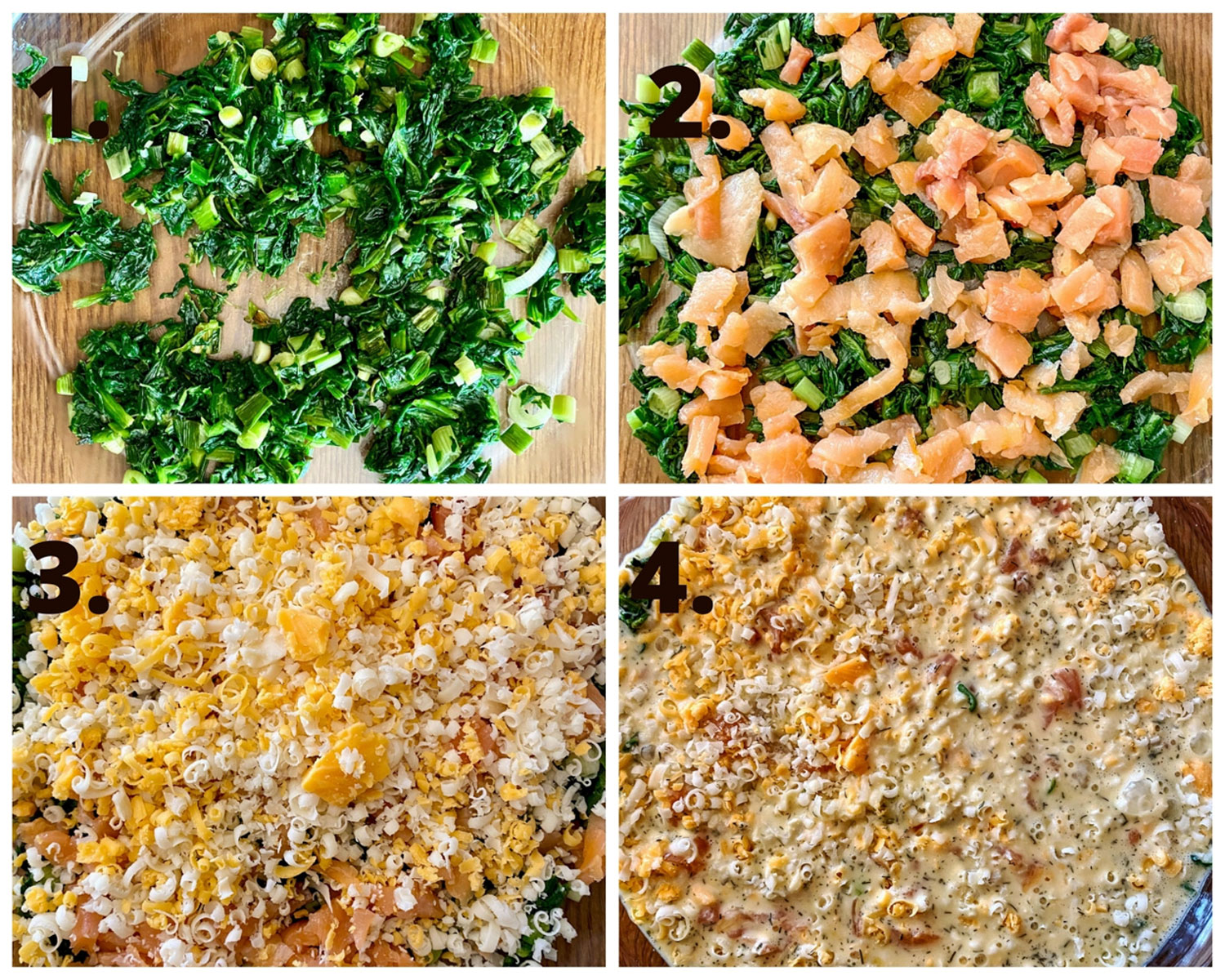 layer the ingredients for the salmon and spinach quiche0
