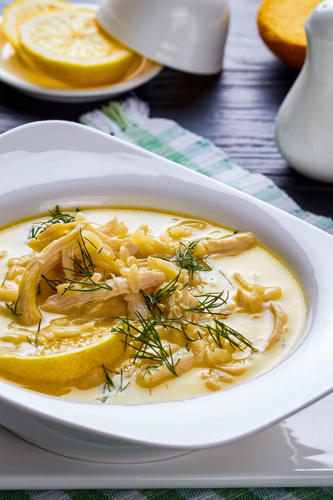 Greek Lemon Chicken Soup in a bowl0