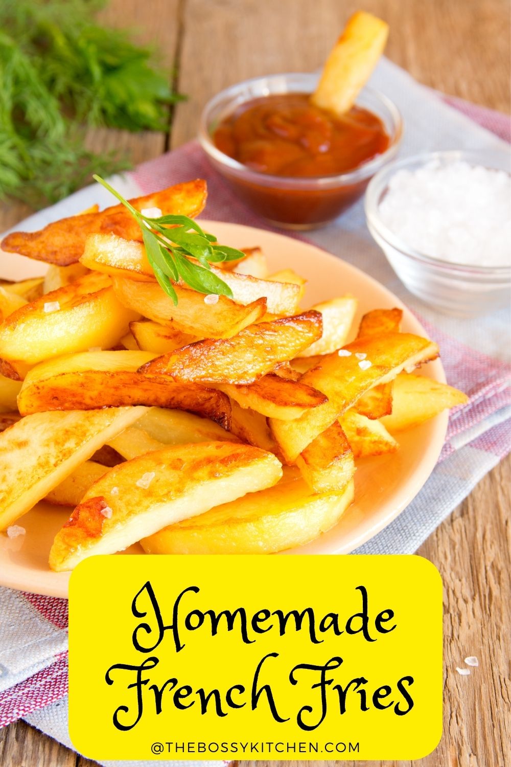 Homemade French Fries on white plate with ketchup