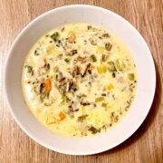 Chicken wild rice soup in a bowl.