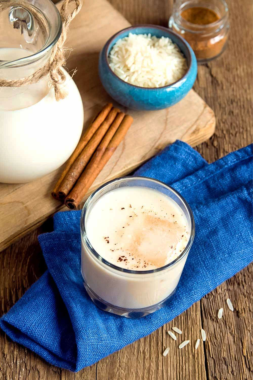 Mexican Horchata in a glass with pitcher Pinterest0