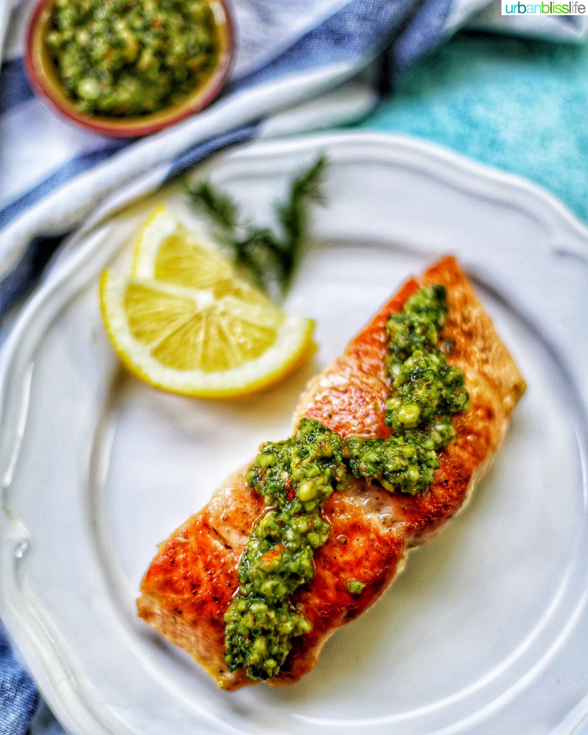 Pan Seared Salmon with Almond Pesto faeture