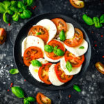 Caprese Salad on black background.