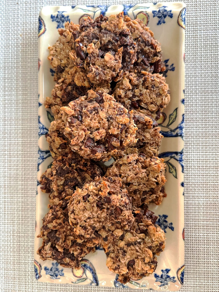 Oatmeal Banana Almond Cookies on a blue and white platter