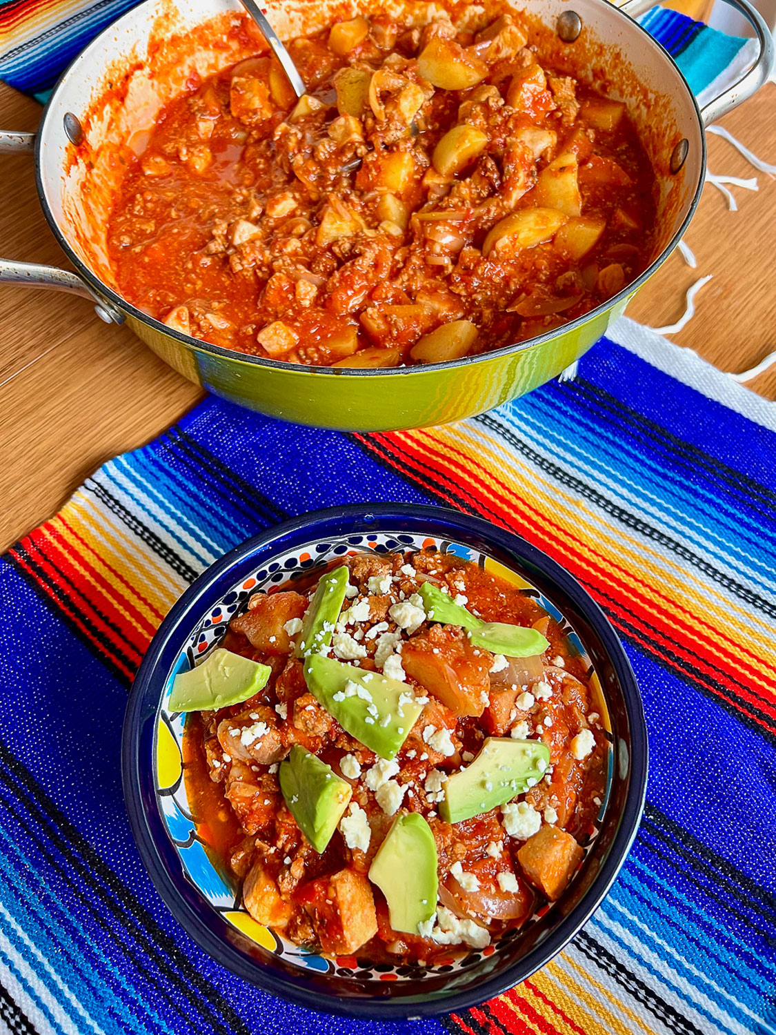 Mexican Pork Tinga-Tinga Poblana in a colorful bowl