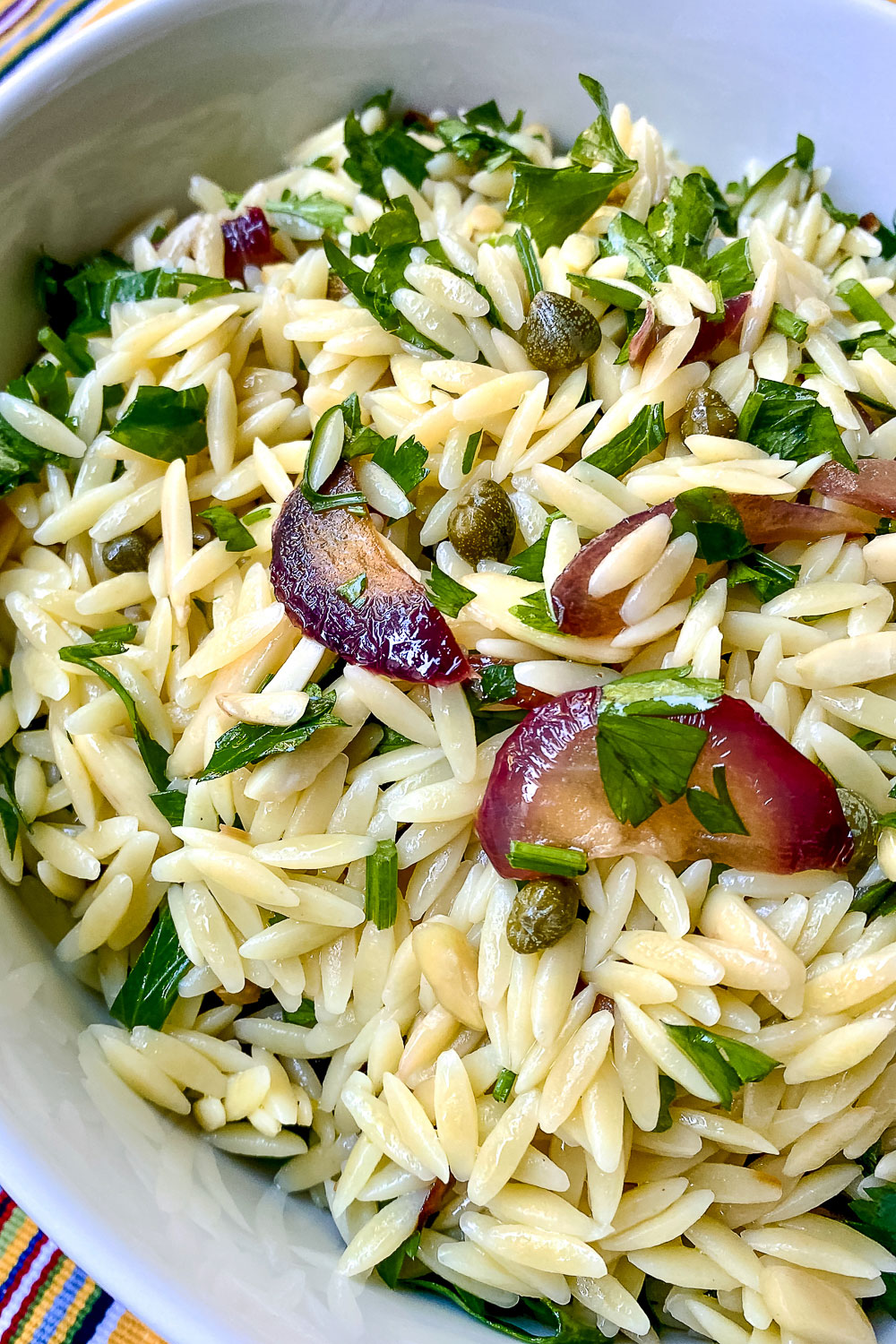Orzo Pasta Salad in a white bowl