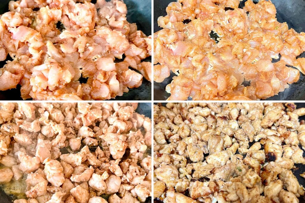 Cubed chicken meat cooking in the pan