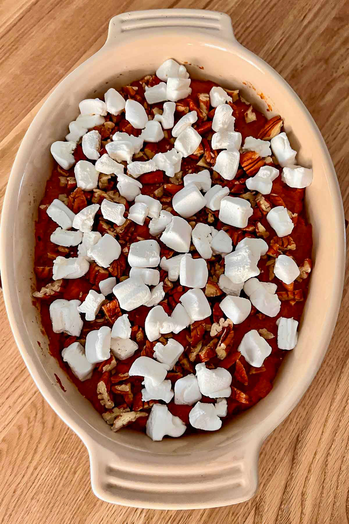 Image of sweet potato casserole with marshmallows on top.