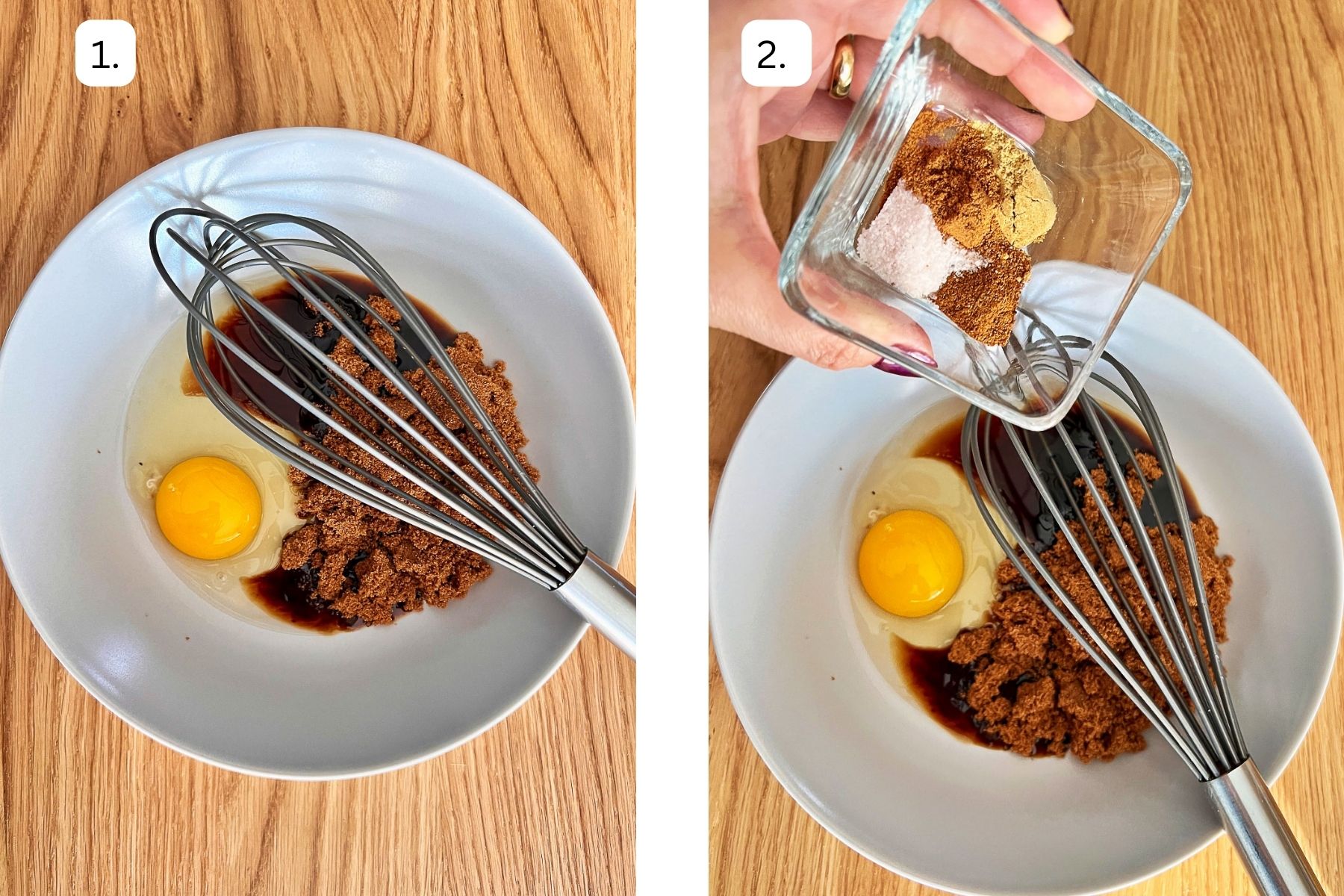 Collage of step 1&2 for mixing the ingredients for Sweet potato casserole with orange juice.